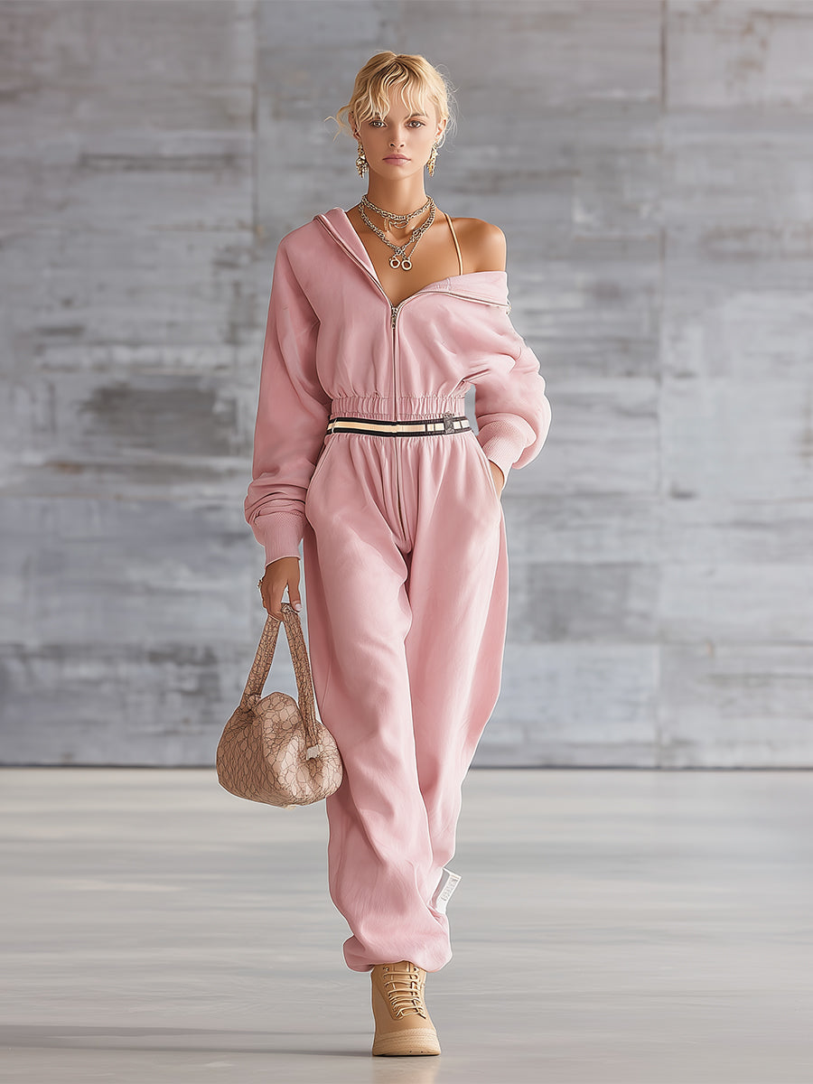 Casual Sporty Pink Front Zip-up Hooded Jumpsuit