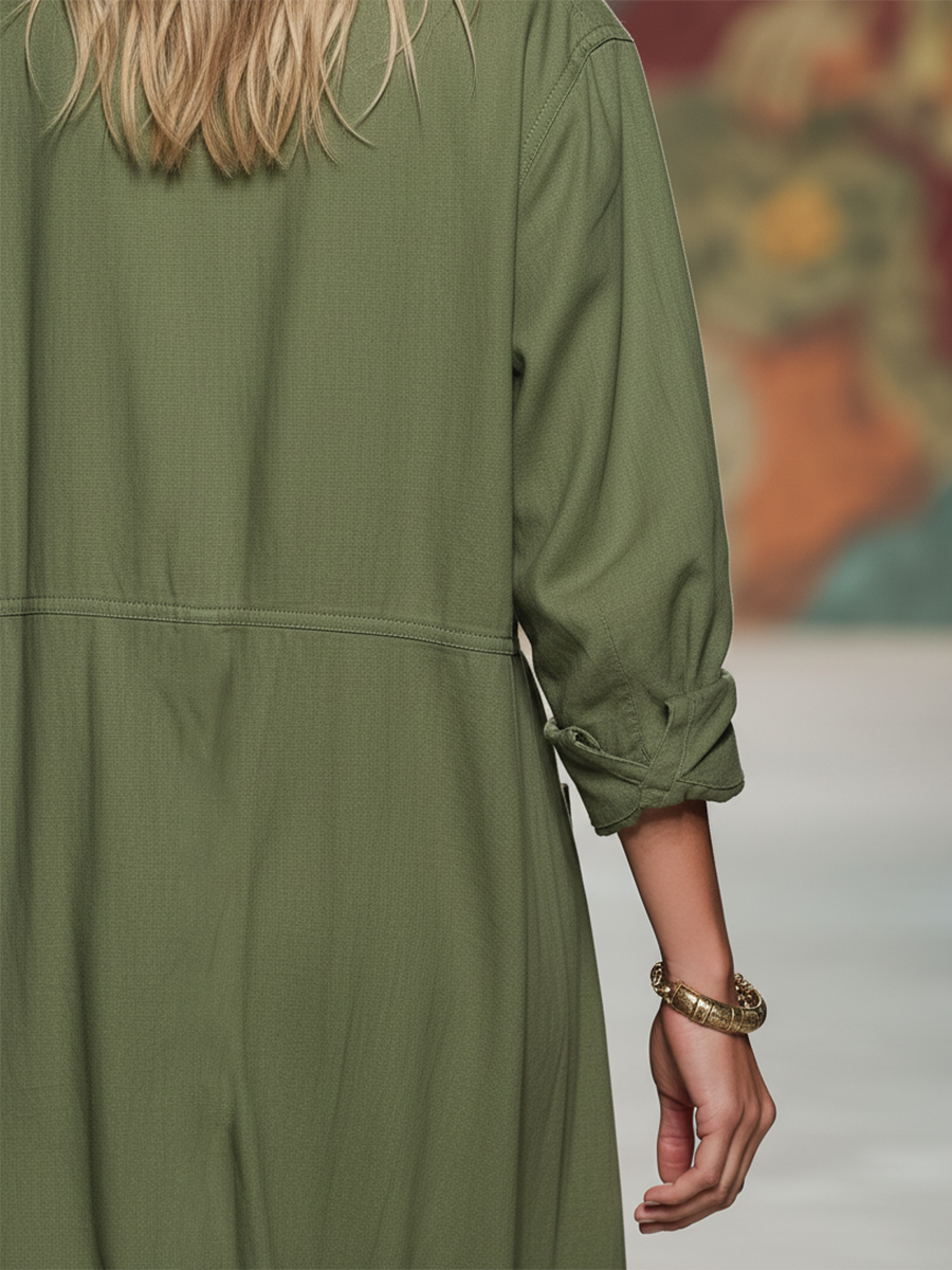 Retro Casual Loose Solid Color Multi-pocket Maxi Dress