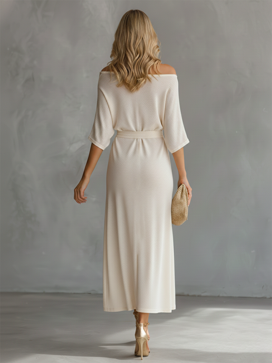 Lazy And Elegant Off-shoulder Short-sleeved Slit Midi Dress