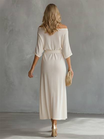Lazy And Elegant Off-shoulder Short-sleeved Slit Midi Dress