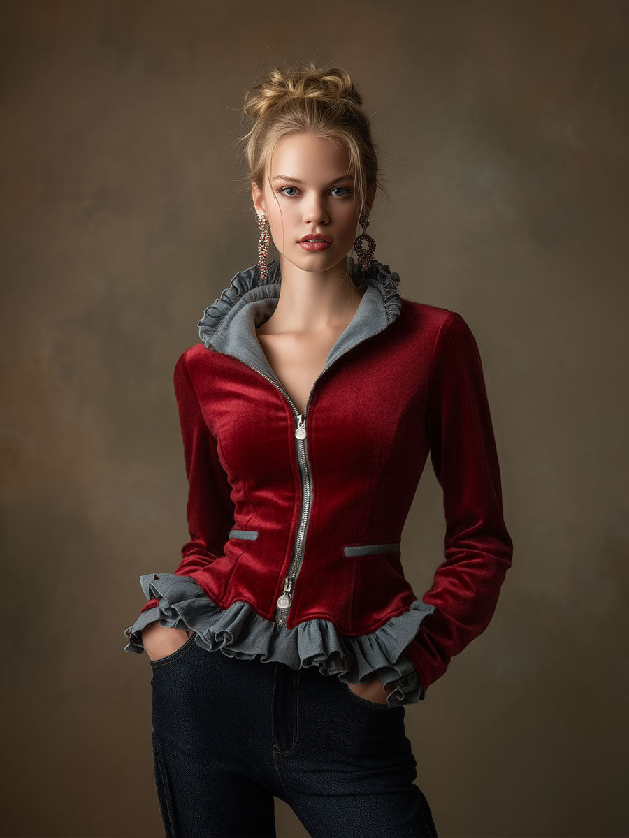 Fashionable Retro Red Velvet Denim Ruffled Zip-up Jacket