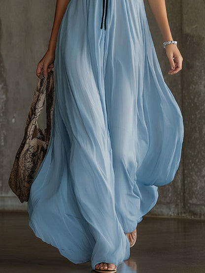 Chiffon Color-blocked Strapless Sleeveless Maxi Dress