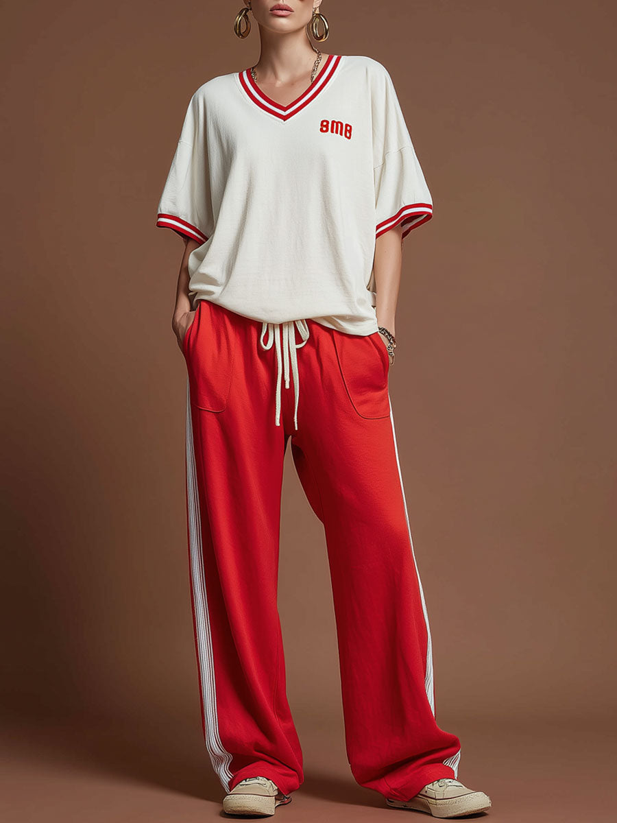 Sporty Retro Red Pure Cotton Embroidered Short-Sleeve T-Shirt And Wide-Leg Pants Set