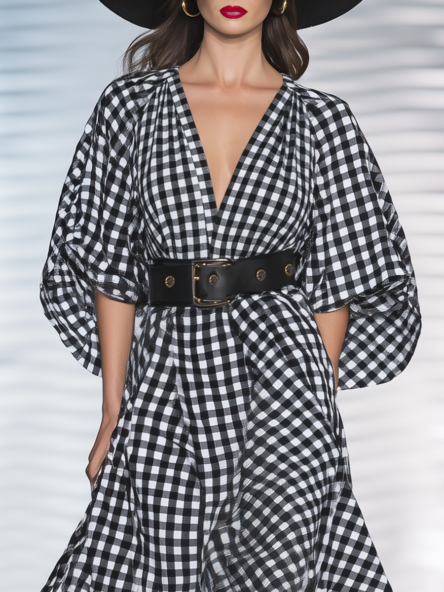 High-end Chic Black And White Checkered Ruched Sleeve Cotton Maxi Dress