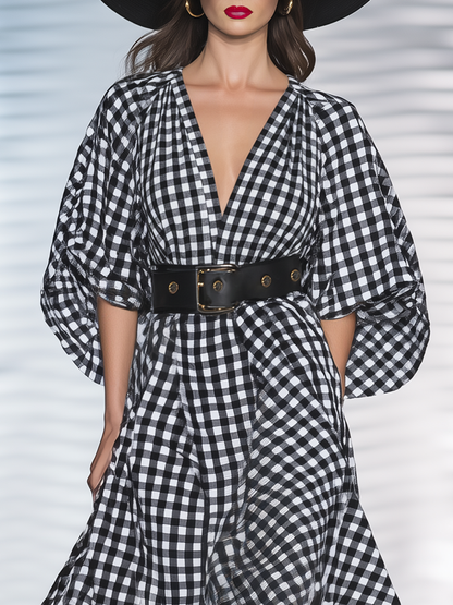 High-end Chic Black And White Checkered Ruched Sleeve Cotton Maxi Dress