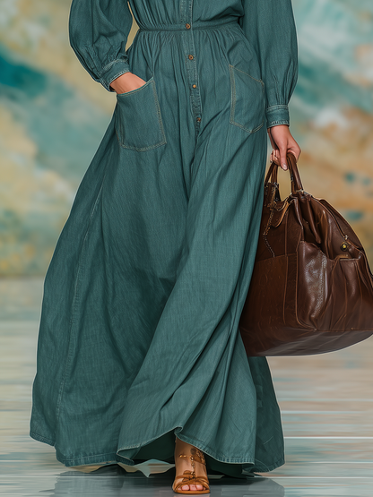 Retro Casual Fashion Lapel Long Denim Dress