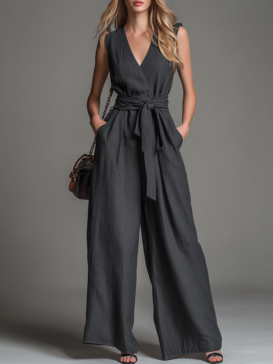 Elegant And Stylish V-neck Sleeveless Belted Wide-leg Jumpsuit