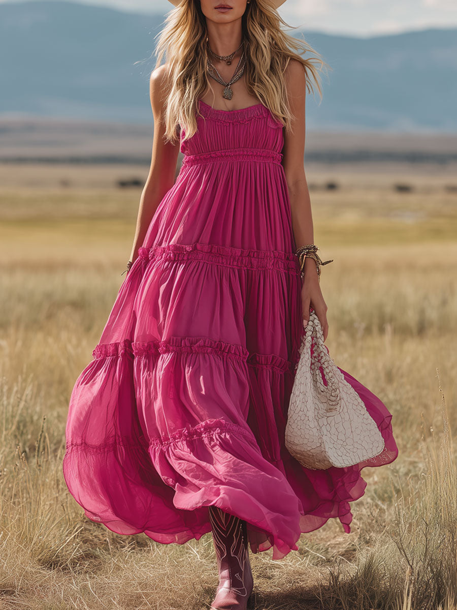 Western Retro Rose Red Chiffon Ruffled Sleeveless Maxi Dress