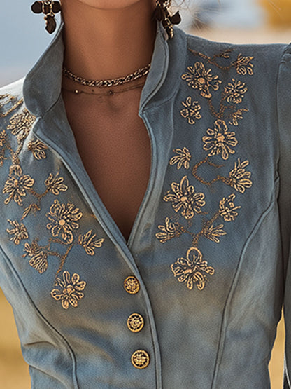 Western-style Vintage Embroidered Blue Button-up Faux Suede Jacket