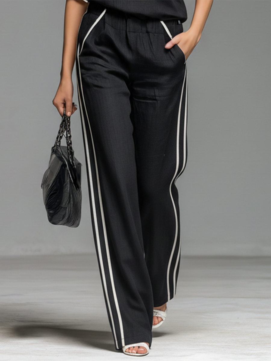 Casual And Comfortable Lapel Collar Zip-up Batwing Short-sleeved Top And Trousers Set