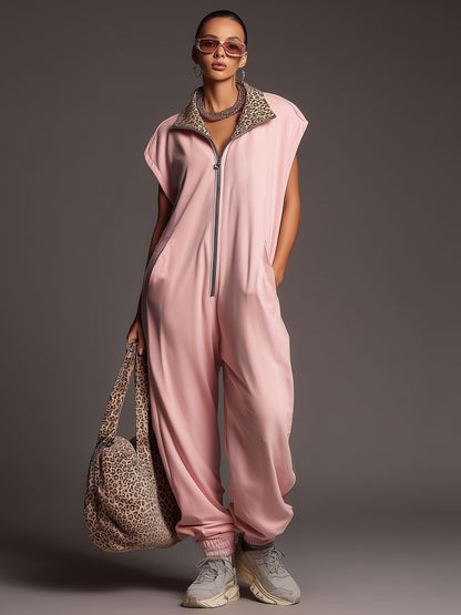 Retro Sporty Sleeveless Leopard Print Zipper Pink Cotton Jumpsuit