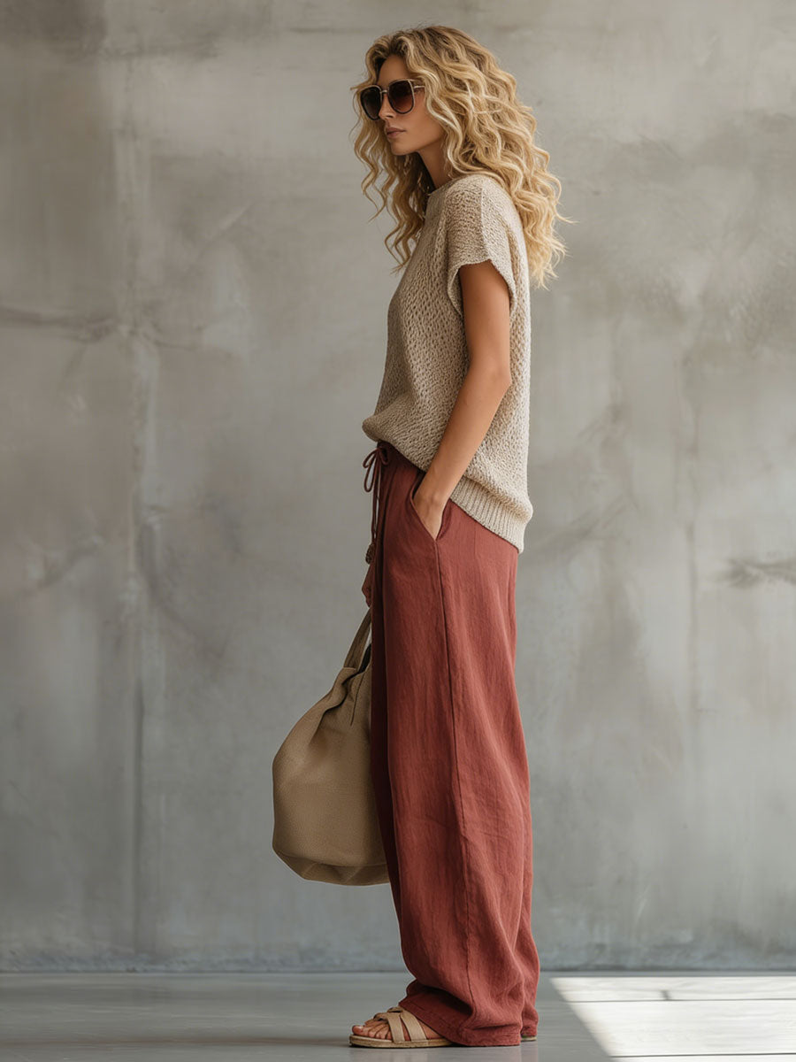 Retro Khaki Short-sleeved Knit Top