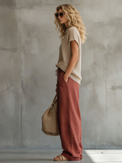 Retro Khaki Short-sleeved Knit Top