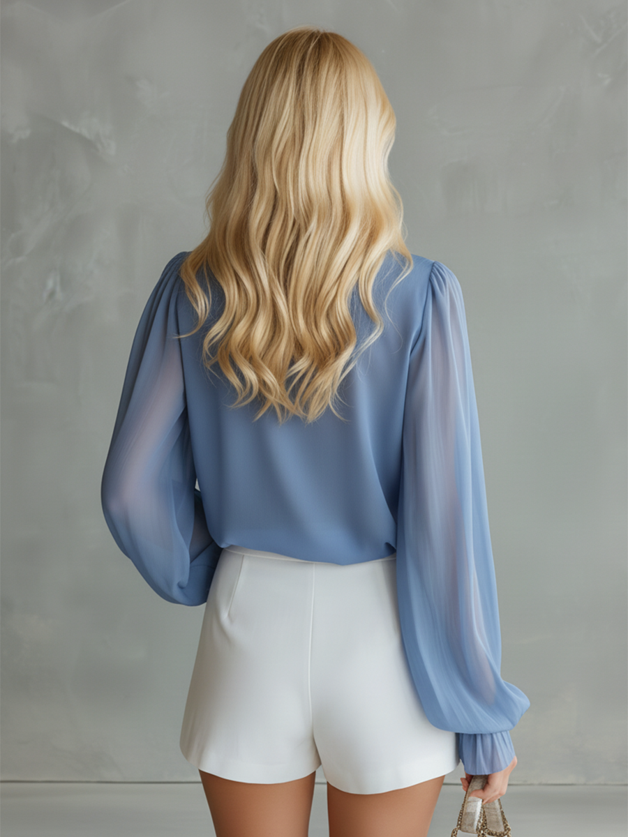 Stylish And Beautiful V-neck Long-sleeved Button-down Chiffon Top