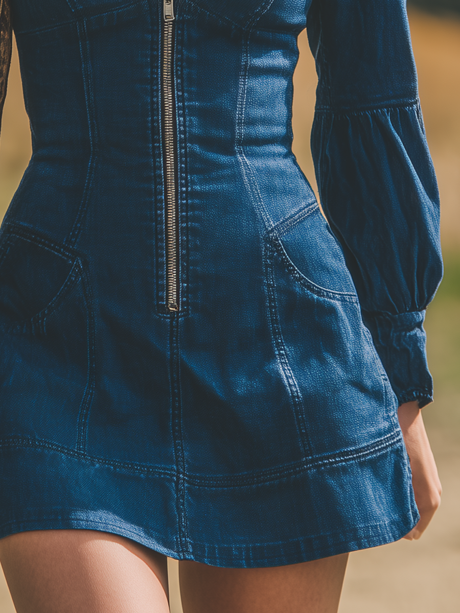 Retro Western Style Zippered V-neck Mini Denim Dress