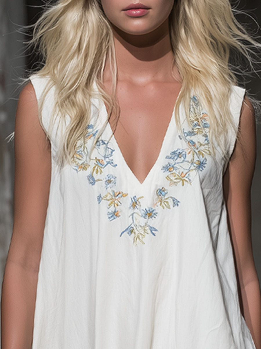 V-neck Floral Embroidered Cotton Sleeveless Mini Dress