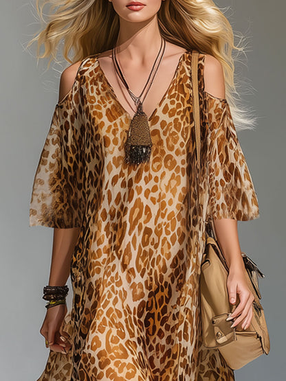 Leopard Print V-neck Cold Shoulder Chiffon Short-sleeved Maxi Dress