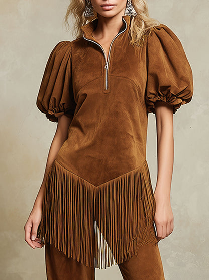 Western Retro Tassel Brown Faux Suede Short-sleeved Top And Pants Set