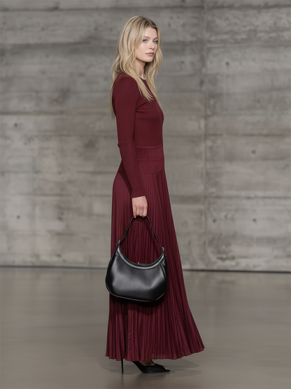 Stylish Knitted Round Neck Top With Matte Satin Pleated Hem Maxi Dress