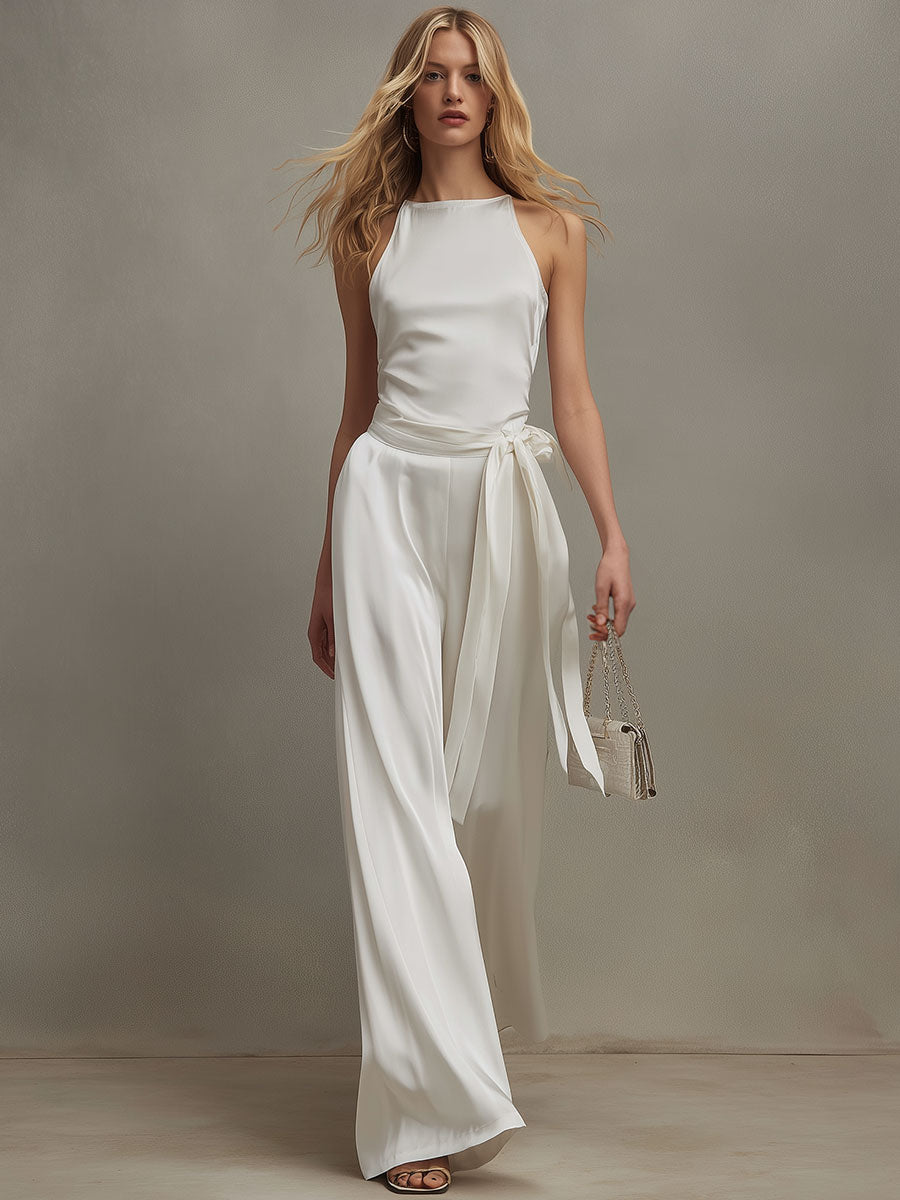 Stylish And Elegant White Satin Sleeveless Top And Pants Set