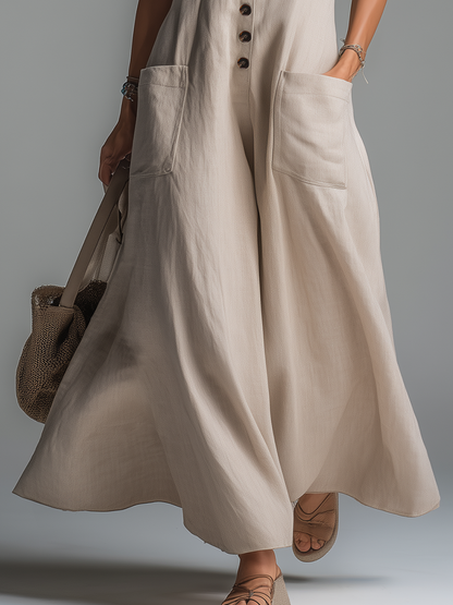 Comfortable And Casual V-neck Button-down Sleeveless Maxi Dress