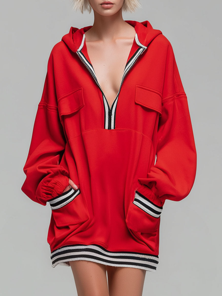 Loose-fitting Color-blocked Ribbed Pocketed Hooded Long-sleeved Mini Dress