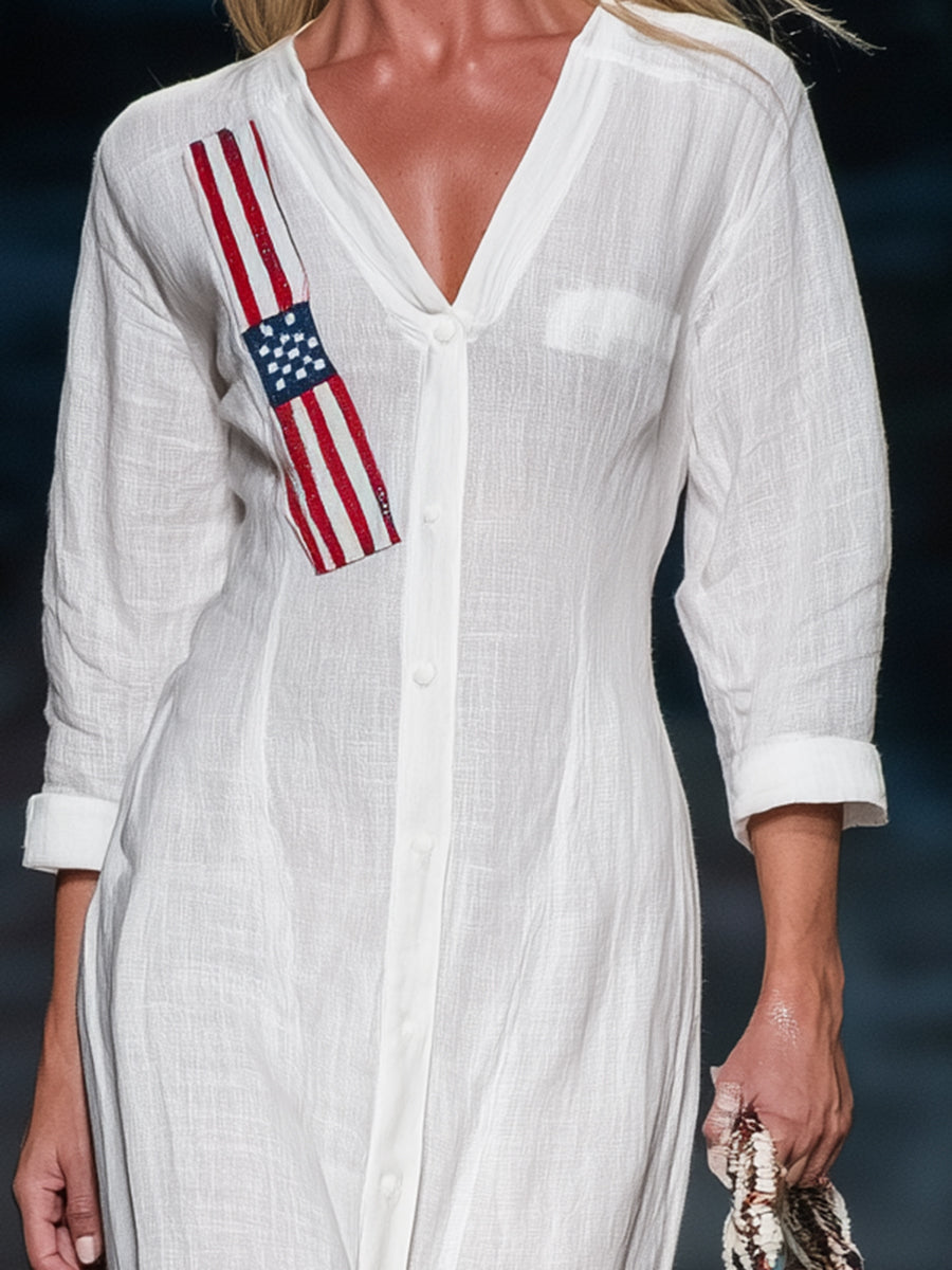 Stylish White Linen V-neck Maxi Dress With American-style Embroidery