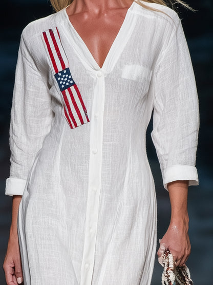 Stylish White Linen V-neck Maxi Dress With American-style Embroidery