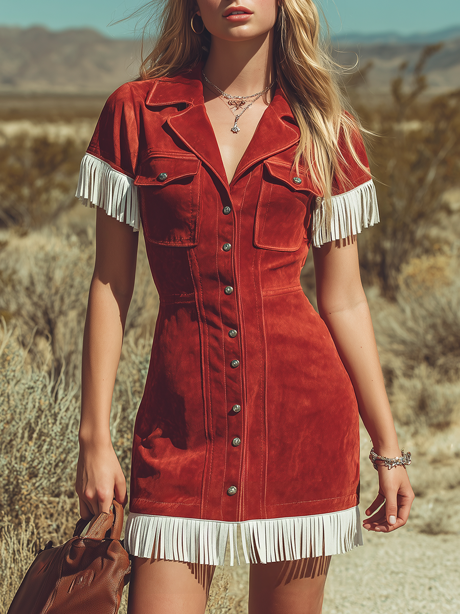 Retro Western-style Lapel Color-block Fringed Suede Mini Dress