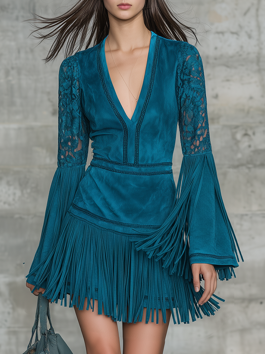 Retro V-neck Lace Sleeve Faux Suede Tassel Mini Dress