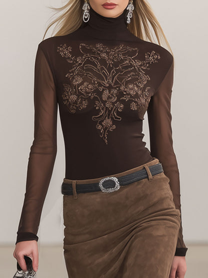 High-neck Embroidered Long-sleeved T-shirt And Faux Suede Tassel Skirt Set