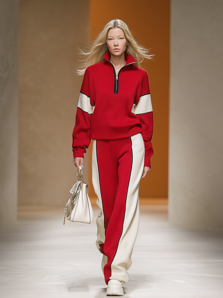 Retro Sports Style Contrast Color Knit Top And Pants Set