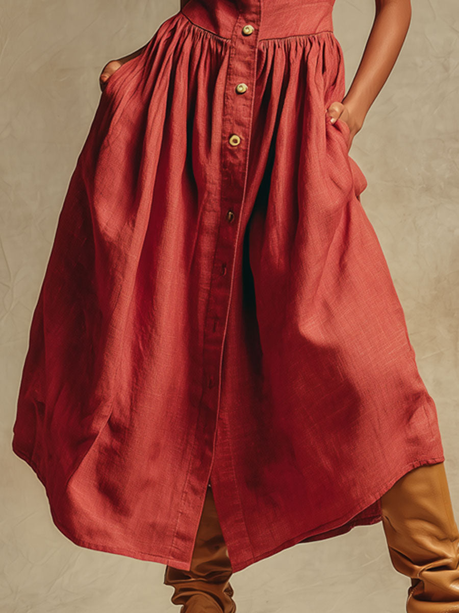 Fashionable Retro Red Cotton And Linen Pleated Cardigan Sleeveless Midi Dress
