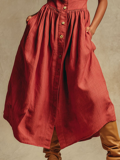 Fashionable Retro Red Cotton And Linen Pleated Cardigan Sleeveless Midi Dress