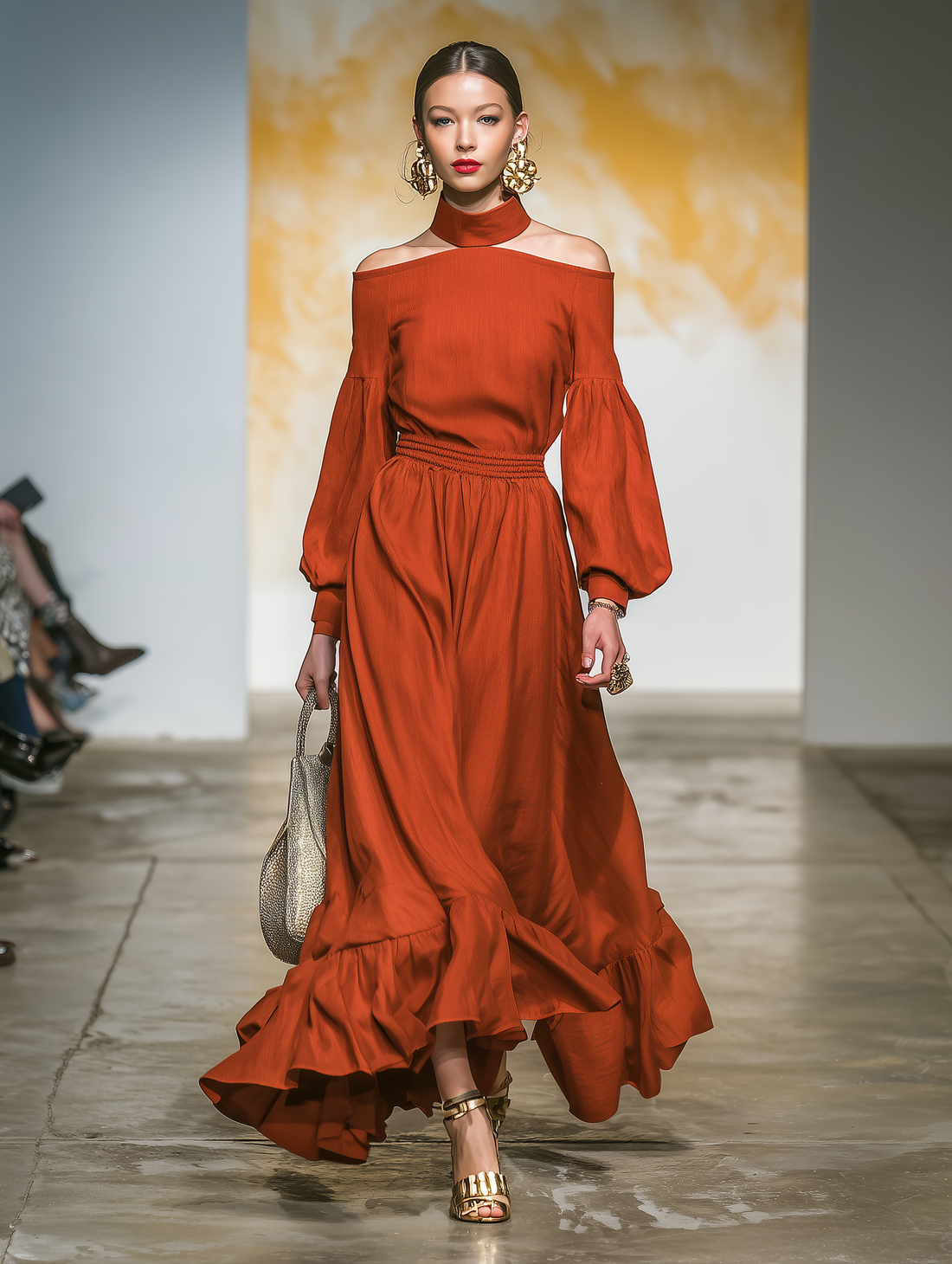 Western-style Rust-red Linen Off-the-shoulder  With A Collared Neckline Maxi Dress