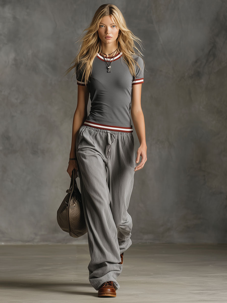 Casual Round-neck Short-sleeved Top And Trousers Set