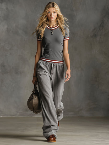 Casual Round-neck Short-sleeved Top And Trousers Set