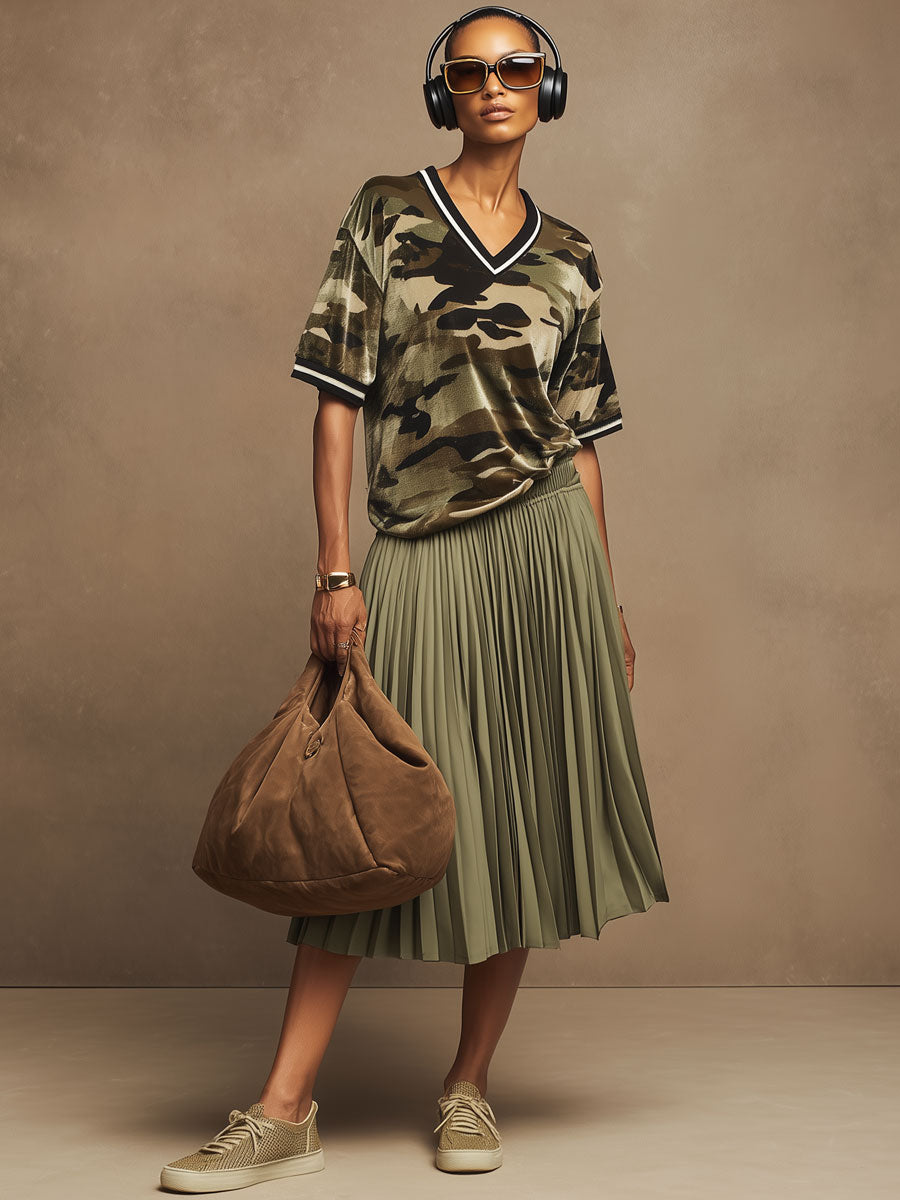 Casual Retro Military Green Camouflage Velvet Short-Sleeve T-Shirt And Pleated Skirt Set