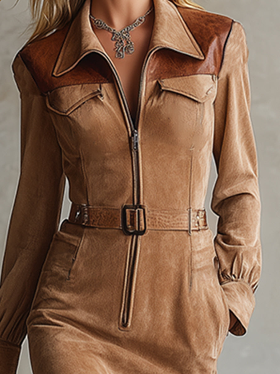 Retro Urban Khaki Faux Suede Patchwork Faux Leather Front Zipper Midi Dress