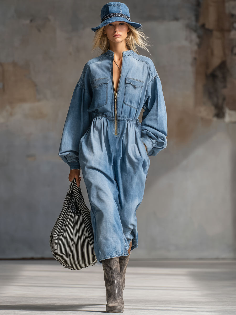 Loose-fitting Stand-up Collar Zippered Multi-pocket Denim Midi Dress