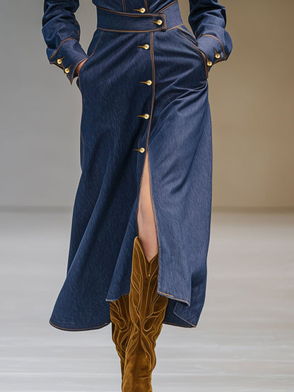 Fashionable Retro Long-sleeved Dark Blue Denim Cardigan Midi Dress