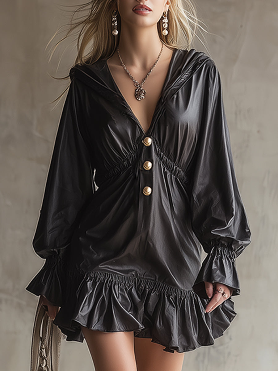 Retro Urban Black PU Leather Ruffled Hooded Mini Dress