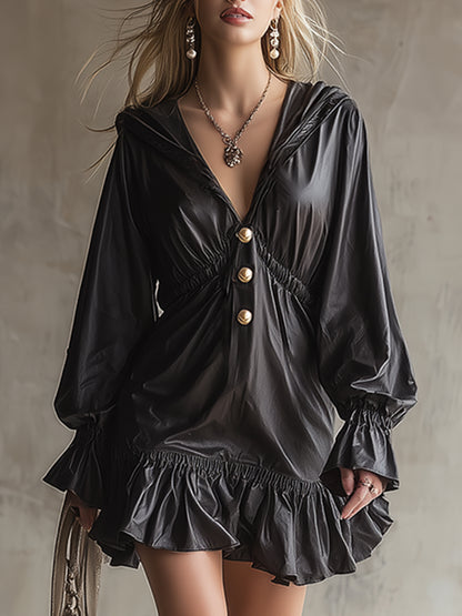 Retro Urban Black PU Leather Ruffled Hooded Mini Dress
