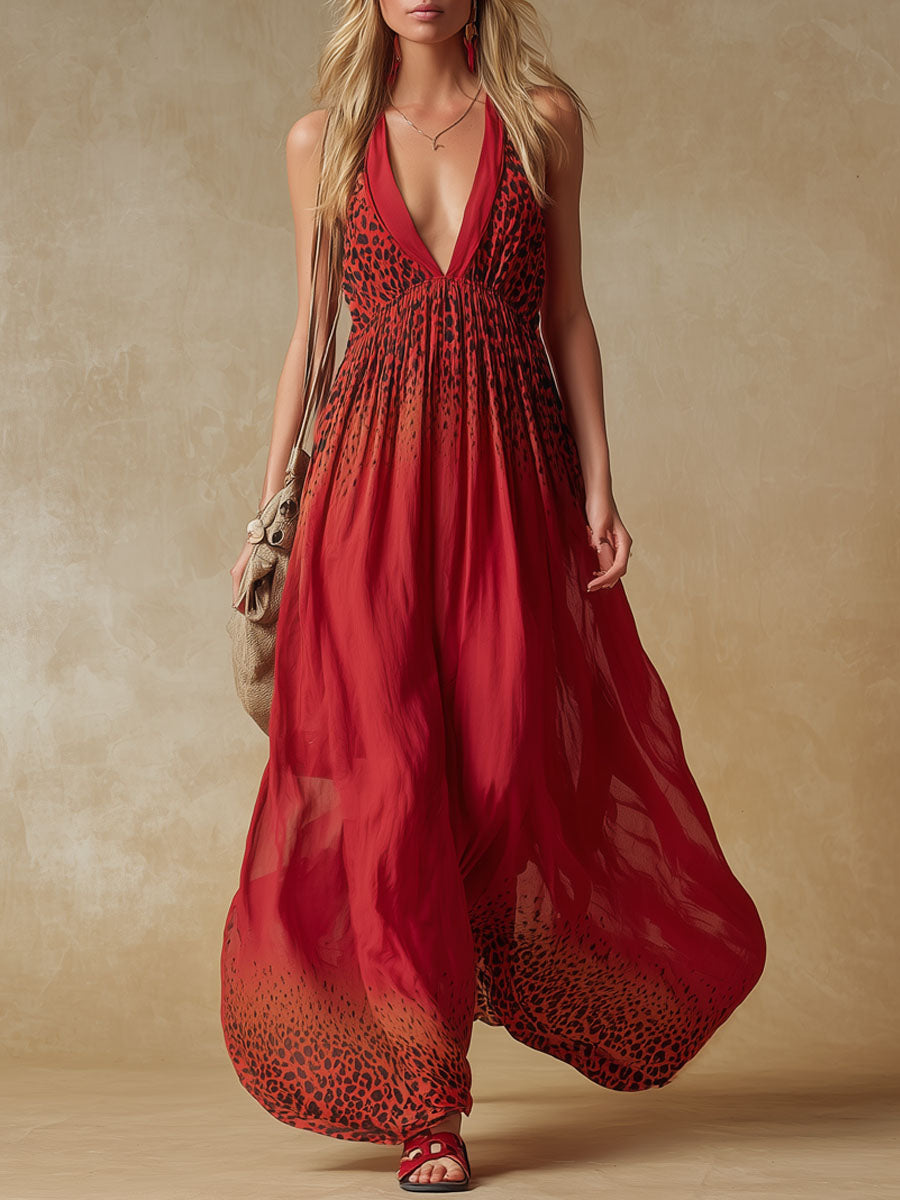 Gradient Leopard Print V-neck Chiffon Sleeveless Maxi Dress
