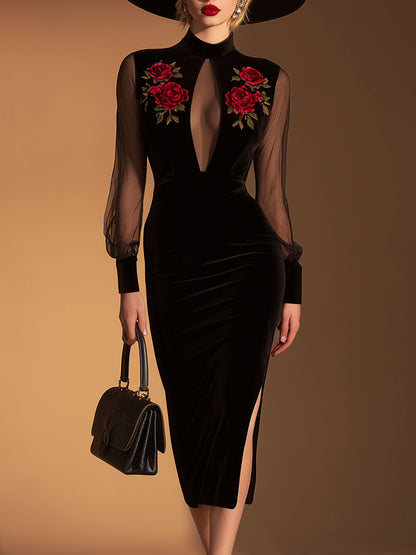 Elegant And Sexy Black Mesh And Velvet Midi Dress