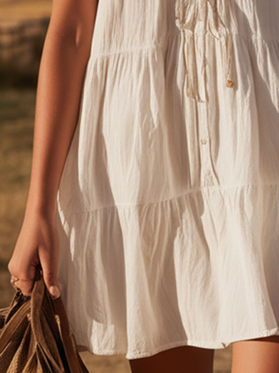 Western Retro Embroidered White V-Neck Cotton Linen Mini Dress