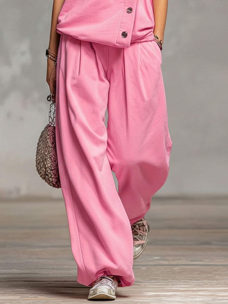 High-neck Single-breasted Sleeveless Top And Trousers Set