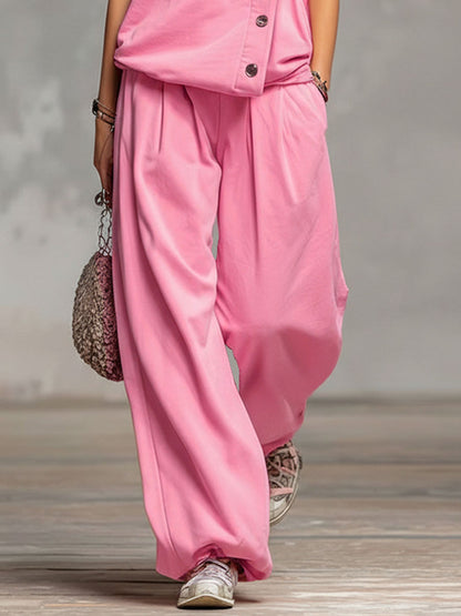 High-neck Single-breasted Sleeveless Top And Trousers Set