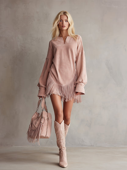 Elegant Urban Pink Faux Suede Tassel Mini Dress
