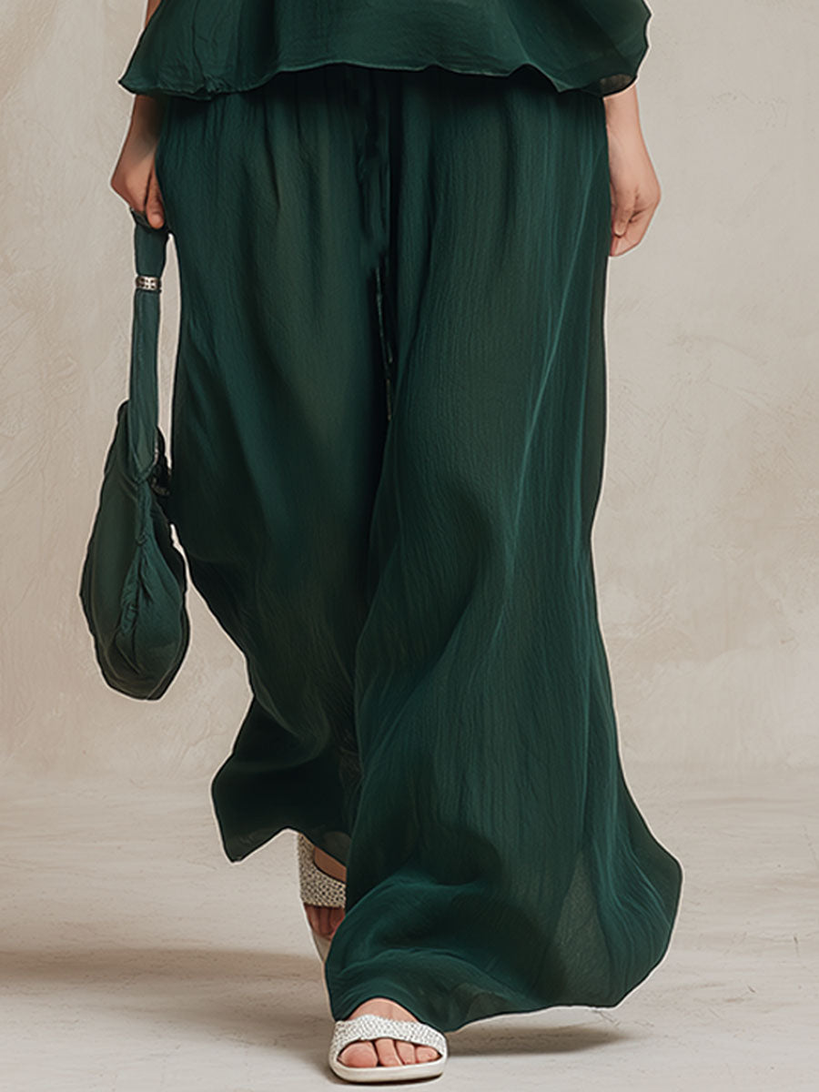 Fashionable And Casual Retro Embroidered Green Sleeveless Chiffon Top And Pants Set